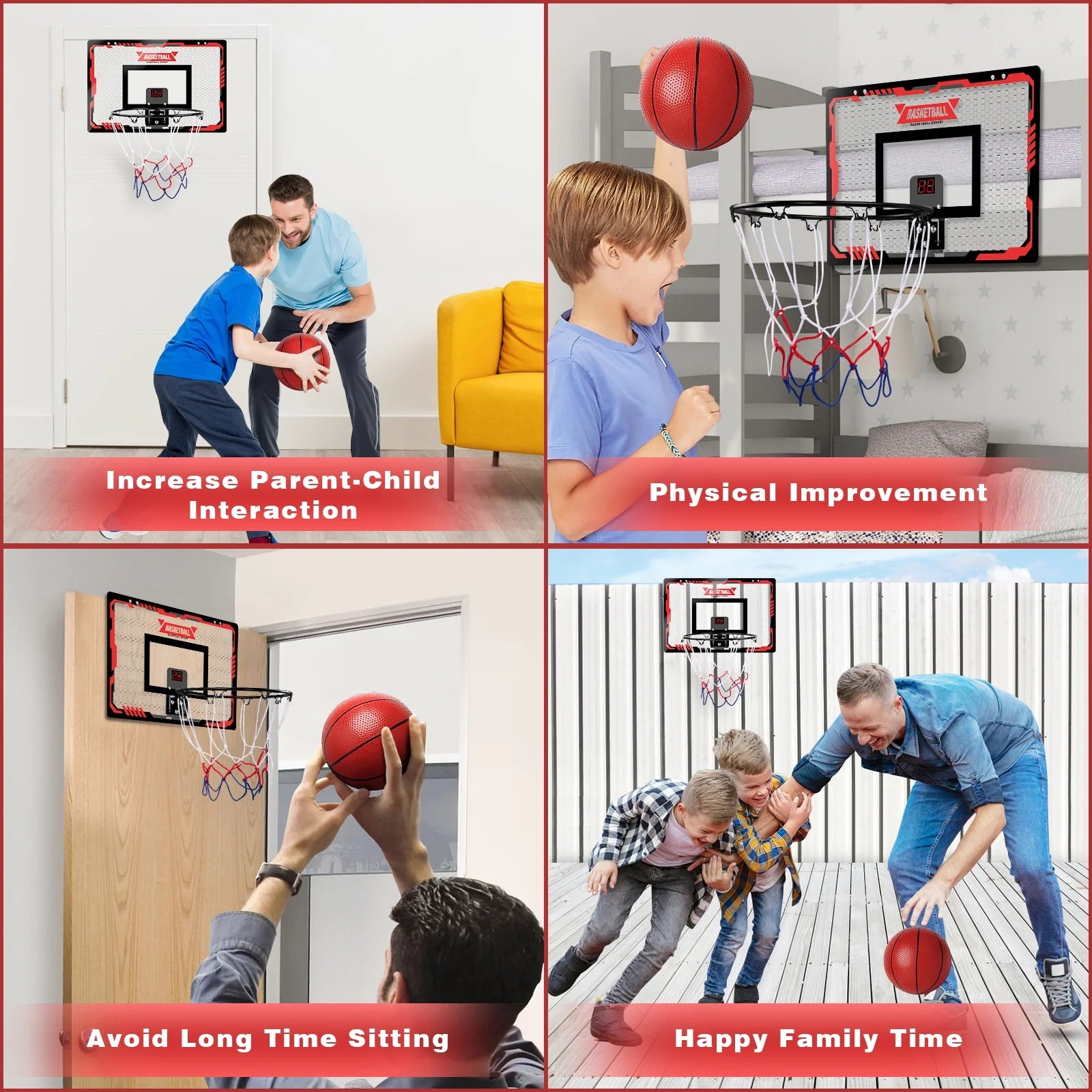 Over-the-Door Mini Basketball Hoop – LED Light Set with 2 Balls & Electronic Scoreboard for Kids & Adults